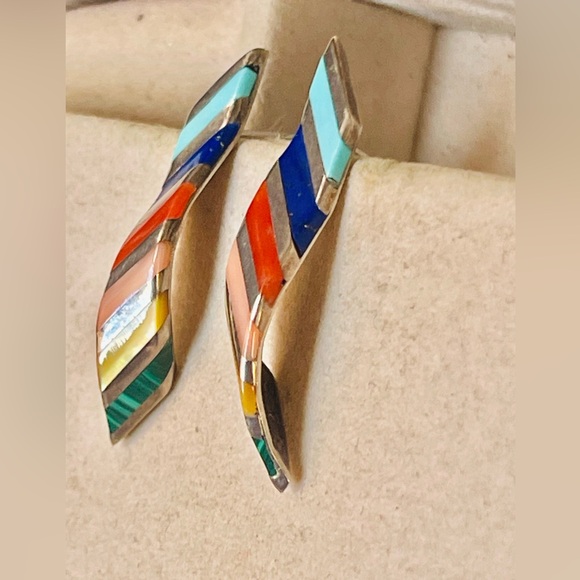 Zuni VTG Native American Sterling Turquoise Coral Onyx Opal Lapis Earrings - Picture 4 of 7